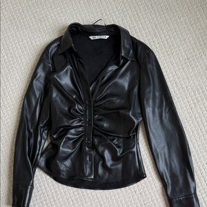 Zara Black Faux Leather Ruched Button-Front Shirt